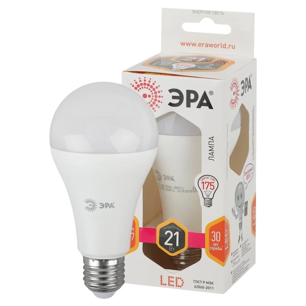 Лампа светодиодная ЭРА, 21 (175) Вт, цоколь E27, груша, теплый белый, 25000 ч, smdA65-21w-827-E27 454911
