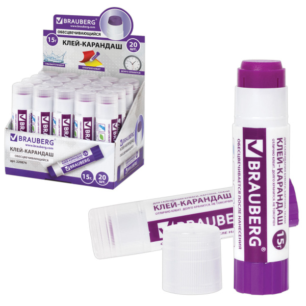 Клей-карандаш BRAUBERG 15 г, обесцвечивающийся после высыхания, 220874