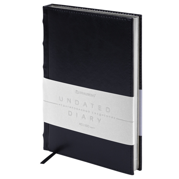 Ежедневник недатированный А5 138х213мм BRAUBERG FLAME под кожу 160л черный, серебряный срез, 113425