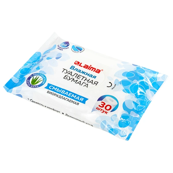 Бумага туалетная влажная 30 шт, БИОРАЗЛАГАЕМАЯ, смываемая, с экстрактом алоэ вера, LAIMA, 128082