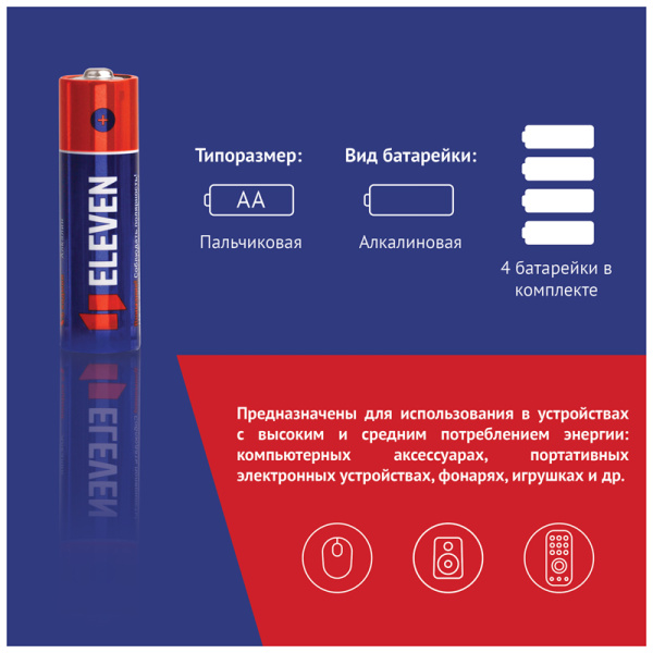 Батарейка Eleven AA (LR6) КОМПЛЕКТ 4шт алкалиновая, BC4 301748 - МСК «Форвард»