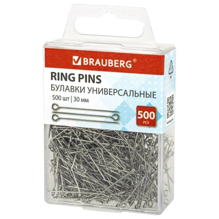 Булавки универсальные с головками-петельками BRAUBERG, 30 мм, 500 штук, в пластиковой коробке, 271319 - МСК «Форвард»