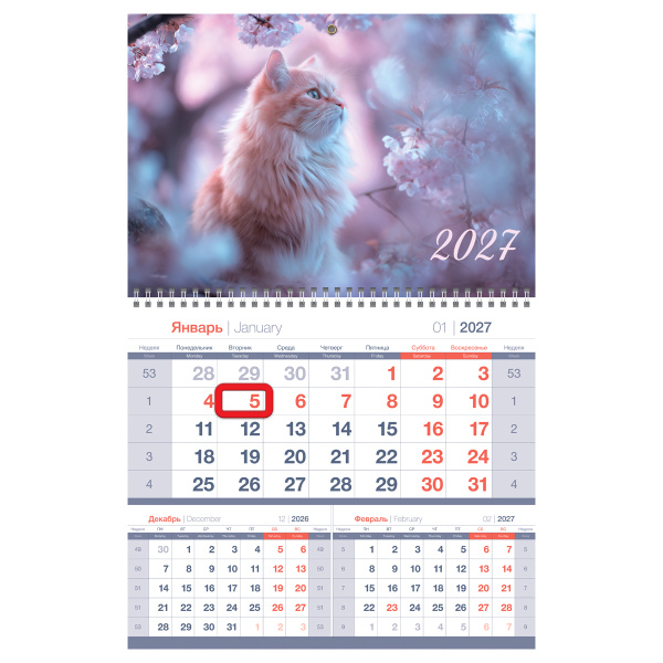 Календарь квартальный 1 бл. на 1 гр., 295*475 мм BG Моно премиум "Кот", с магнитным бегунком, 2027г 391155 - МСК «Форвард»