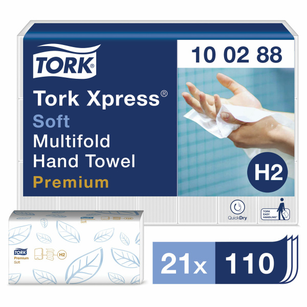 Полотенца бум. 110шт, TORK (Система H2) Premium, КОМПЛЕКТ 21шт, 2сл, белые, 21х34, Interfold, 100288 124550