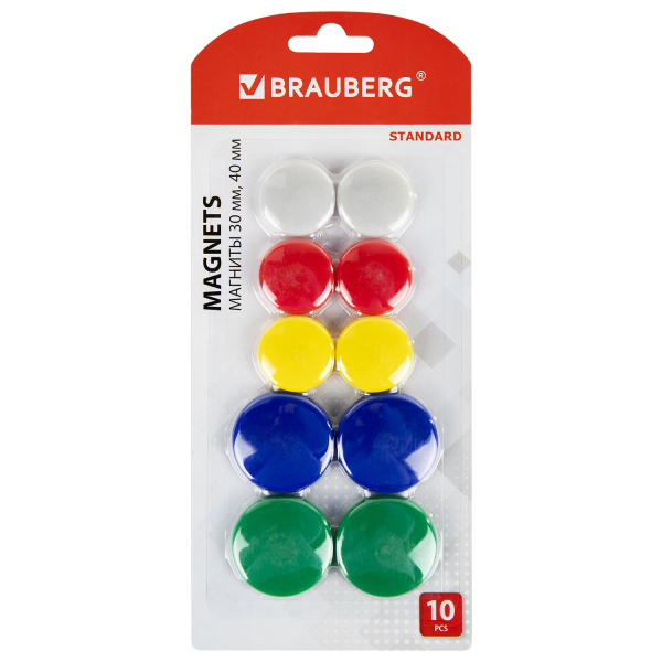 Магниты BRAUBERG STANDARD, НАБОР 30 мм - 6 шт, 40 мм - 4 шт, ассорти, 237471