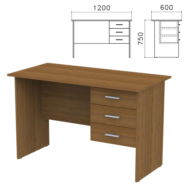 Стол письменный "Канц" (ш1200*г600*в750 мм), тумба 3 ящика, цвет орех, СК27.9  640038