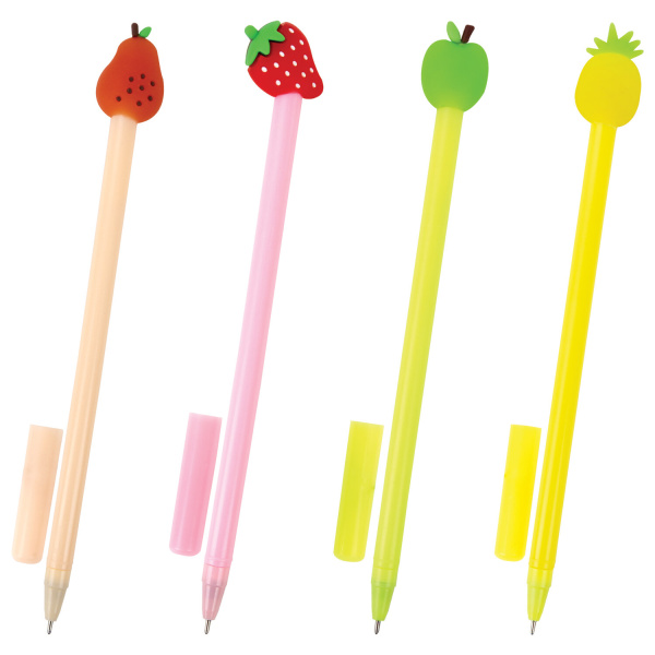 Ручка с топпером шариковая ЮНЛАНДИЯ "Фрукт", корпус ассорти, СИНЯЯ, узел 0,7мм, КОМПЛЕКТ 12 шт 143810