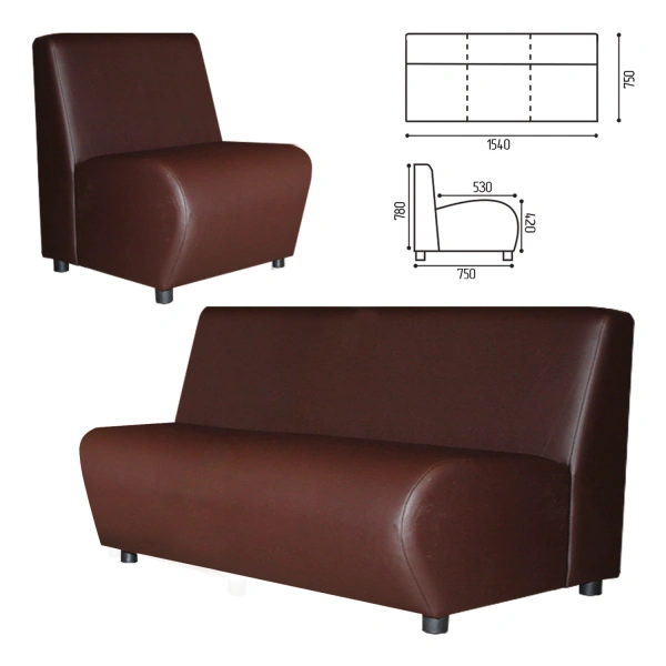 Диван мягкий трехместный "Клауд", V-600 (ш1540*г750*в780мм), без подлокотников, экокожа, коричневый 531127