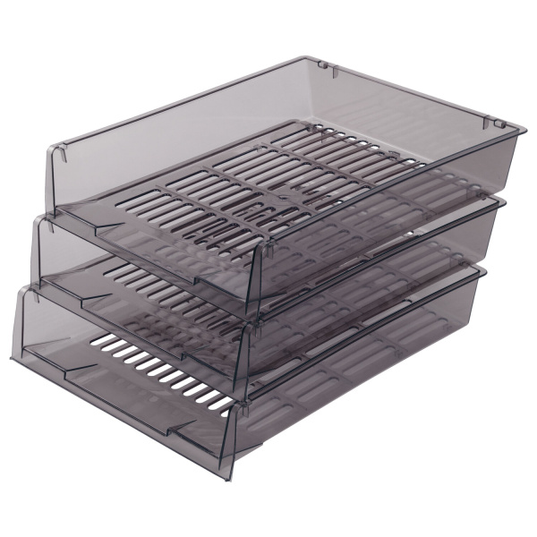 Лотки горизонтальные д/бумаг, КОМПЛЕКТ 3 шт, 340х270х70 мм,тонирован.серый, BRAUBERG"Office",237257