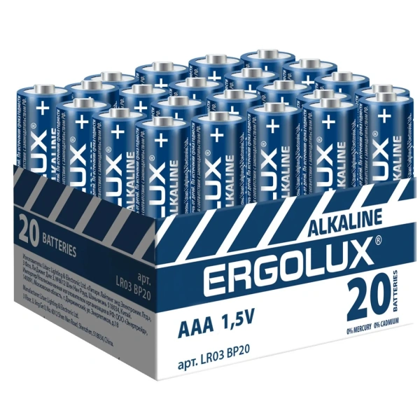Батарейка AAA мизинчиковая Ergolux Alkaline КОМПЛЕКТ 20шт BP-20 LR03 ,1.5В 14674 1568797