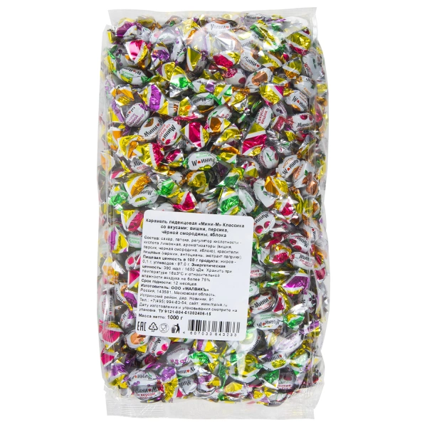 Карамель леденцовая МАЛВИКЪ МИНИ-М Классика, ассорти (вишня, яблоко, чёр.смородина, персик), 1кг, 622300