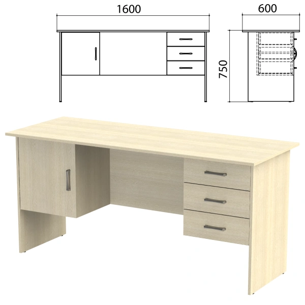 Стол письменный "Канц", 1600х600х750 мм, 2 тумбы, комбинированный, цвет дуб молочный/дуб молочный (КОМПЛЕКТ) 980446