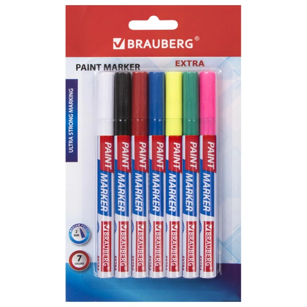 Маркер-краска лаковый EXTRA (paint marker) 2 мм, НАБОР 7 цветов,УСИЛЕН.НИТРО-ОСНОВА,BRAUBERG, 151996