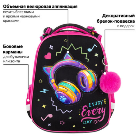 Ранец BRAUBERG PREMIUM, 2 отделения, с брелоком, "Headphones", велюровая нашивка, 38х29х16 см, 273100 - МСК «Форвард»