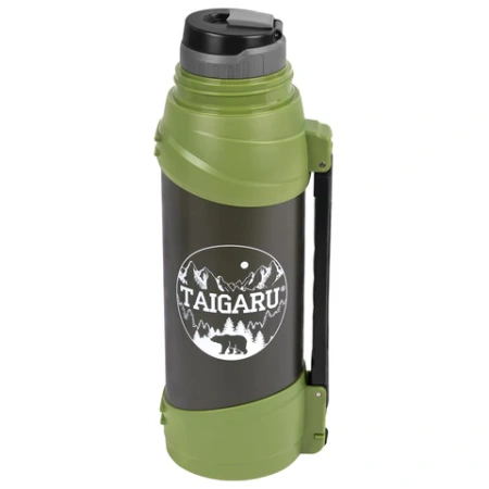 Термос классический, нержавеющая сталь, 2 л, черно-оливковый, 2 кружки, ручка + ремешок, TAIGARU (ТАЙГАРУ), 608816 - МСК «Форвард»