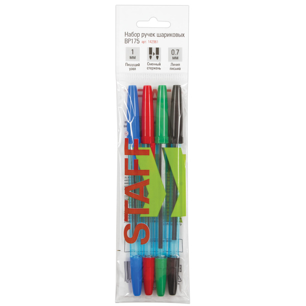Ручки шариковые STAFF Basic BP-175, НАБОР 4шт., АССОРТИ, узел 1 мм, линия письма 0,7 мм, 142961