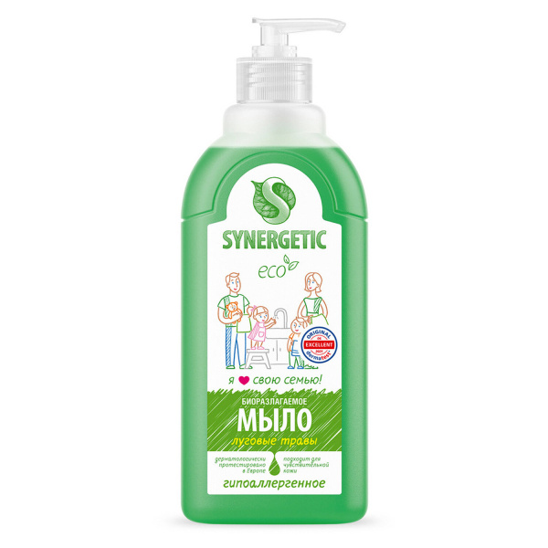 Мыло жидкое 500мл SYNERGETIC "Луговые травы", гипоаллергенное, биоразлагаемое, дозатор, 605552