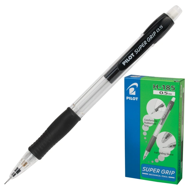 Карандаш механический 0,5 мм, PILOT H-185 Super Grip, ластик, резиновый грип, корпус черный,H-185-SL 180170