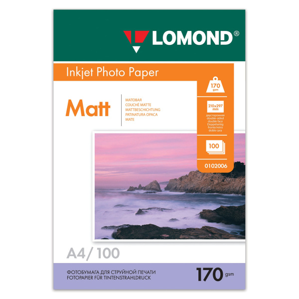 Фотобумага матовая, А4, 170 г/м2, двусторонняя, 100 листов, LOMOND, 0102006  361577