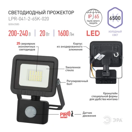 Прожектор светодиодный ЭРА, датчик движения, 20(175) Вт, 6500К, 1600 Лм, IP65, черный, LPR-041-2-65K-020, Б0043585 238230 - МСК «Форвард»