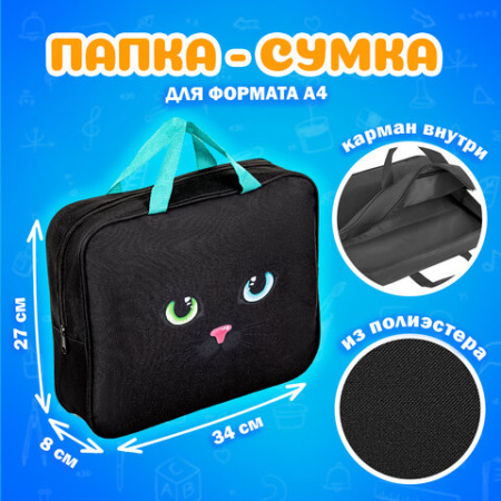 Папка на молнии с ручками А4, мешок для обуви 42х33 см, пенал 20х10 см, "Black cat" НАБОР BRAUBERG, 271434 - МСК «Форвард»