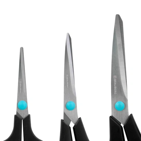 Ножницы BRAUBERG SOFT GRIP, НАБОР 3 штуки (140, 190, 230 мм), эргономичные черно-бирюзовые ручки, ВЫГОДНАЯ УПАКОВКА, 238411 - МСК «Форвард»