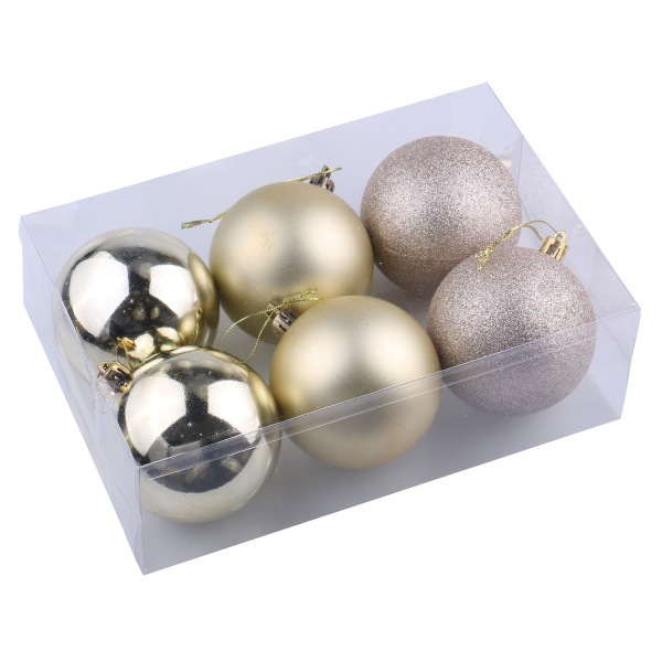 Шары ёлочные 6шт 6см "Trio" пластик, СВЕТЛОЕ ЗОЛОТО (глянец, матовый, глиттер) ЗОЛОТАЯ СКАЗКА 590866