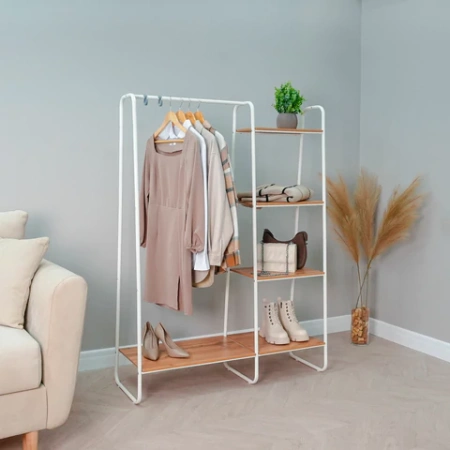 Вешалка-стеллаж ZMI "Скандинавия-1", 1470х1100х385 мм, 5 полок, металл/ЛДСП, белая/дуб, ГСС1 Б 700931 - МСК «Форвард»