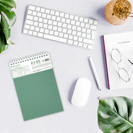 Блокнот А5, 80 л., силиконовый гребень, обложка пластик, клетка, BRAUBERG, зеленый, 117560 - МСК «Форвард»