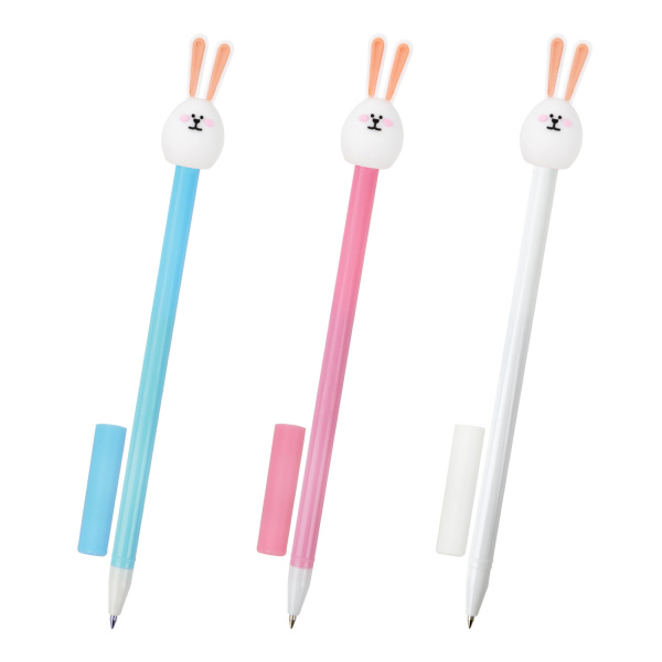 Ручка с топпером шариковая ЮНЛАНДИЯ "Ушастый зайка", корпус ассорти, СИНЯЯ, узел 0,7мм, КОМПЛЕКТ 12шт143782