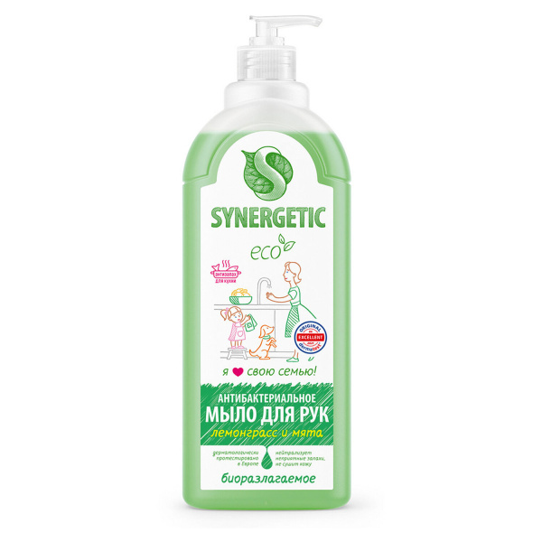 Мыло жидкое антибактериальное 1л SYNERGETIC "Лемонграсс и мята", антизапах, дозатор,10510 607172