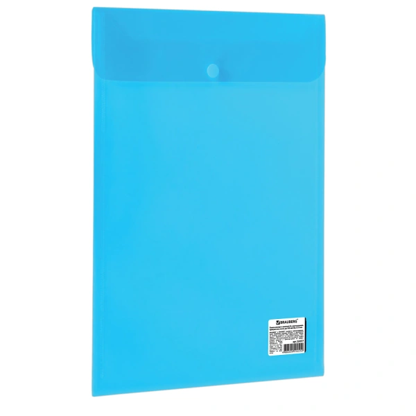 Папка-конверт с кнопкой BRAUBERG, вертикальная А4, до 100 л, прозрачная, синяя, 0,15 мм, 224977