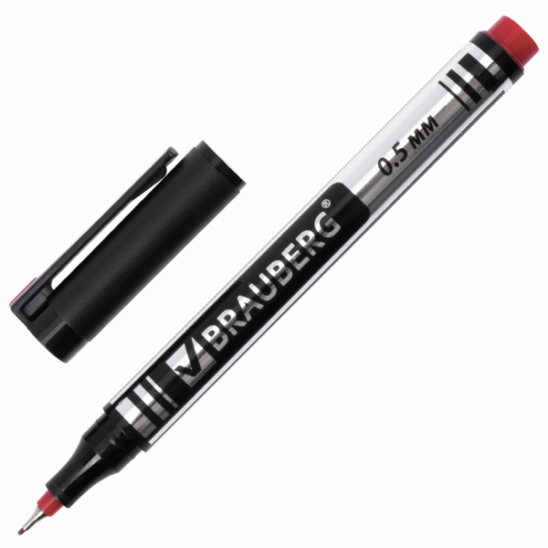 Маркер перманентный BRAUBERG "Jet", КРАСНЫЙ, супертонкий металлический наконечник 0,5мм, 150509