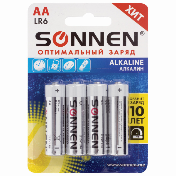 Батарейки КОМПЛЕКТ 4 шт, SONNEN Alkaline, АА (LR6, 15А), алкалиновые, пальчиковые, блистер, 451085