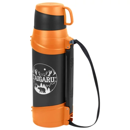 Термос классический, нержавеющая сталь, 2 л, оранжево-серый, 2 кружки, ручка + ремешок, TAIGARU (ТАЙГАРУ), 608817 - МСК «Форвард»