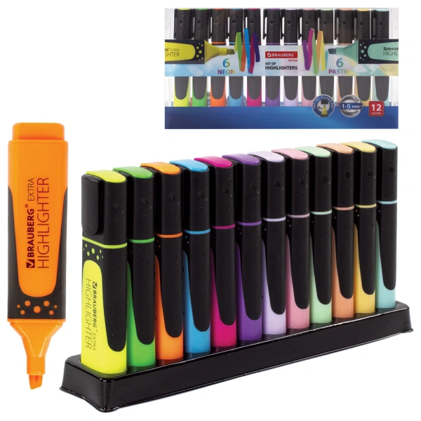 Набор текстовыделителей 12 ЦВЕТОВ на подставке, BRAUBERG"EXTRA", прорезиненный корпус, 1-5 мм,151758