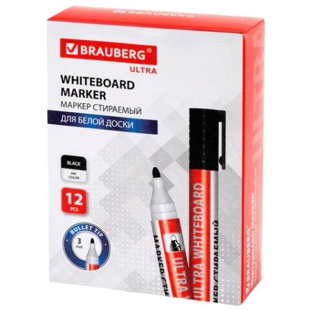 Маркер стираемый для белой доски ЧЕРНЫЙ, BRAUBERG "ULTRA WHITEBOARD MARKER", 3 мм, с клипом, 152634 - МСК «Форвард»