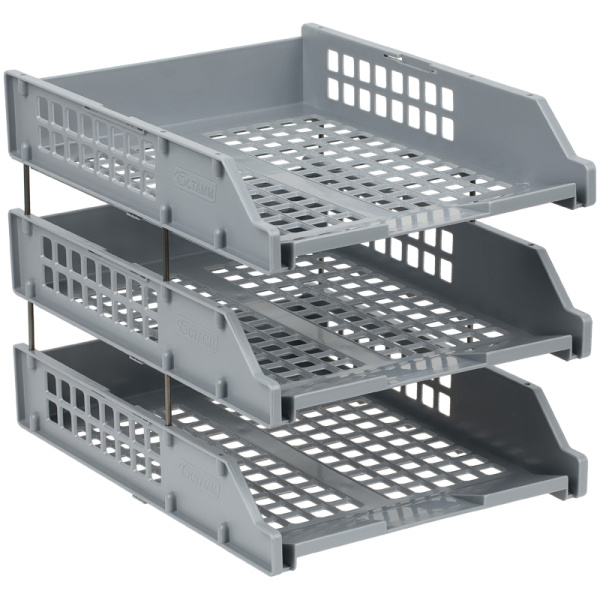 Лотки горизонтальные для бумаг, НАБОР 3 шт (340х260х240мм), на метал стерж, сер, СТАММ "Strong",ЛТГ-63794 098055