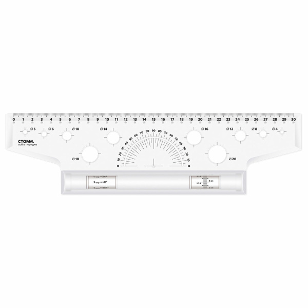 Линейка с роликом (рейсшина) 30 см, металлический ролик, с транспортиром, прозрачная, ЛР-30478  210481