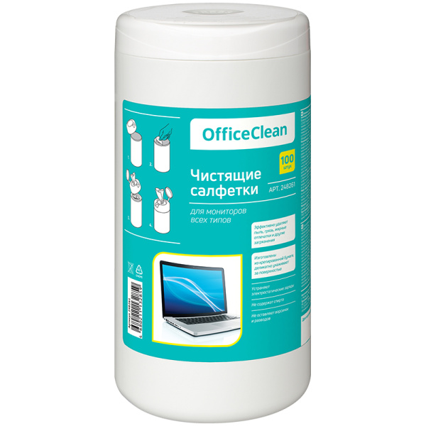Салфетки чистящие влажные OfficeClean, для мониторов всех типов, в тубе, 100шт 248261 ЧЕСТНЫЙ ЗНАК!