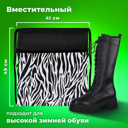 Мешок для обуви BRAUBERG БОЛЬШОЙ, с ручкой, карман на молнии, сетка, 49х41 см, "Zebra", 271611 - МСК «Форвард»