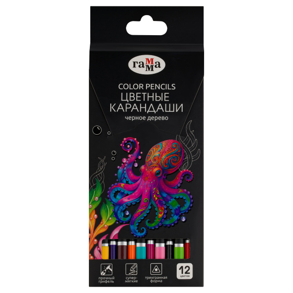 Карандаши цветные Гамма "Классические", 12цв., черное дерево,заточен., картон. упак., европодвес CP12BW_112025 389254