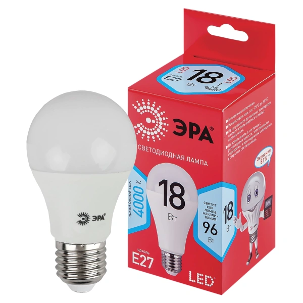 Лампа светодиодная ЭРА, 18(96)Вт, цоколь Е27, груша, нейтральный белый, 25000ч,LED A65-18W-4000-E27 455718