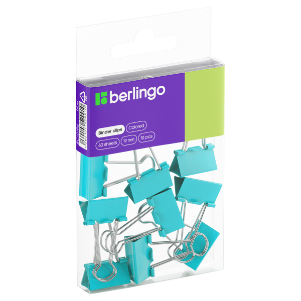 Зажимы для бумаг 19мм, Berlingo, 10шт., цветные, ПВХ упак., европодвес, голубые BC1019d 301709