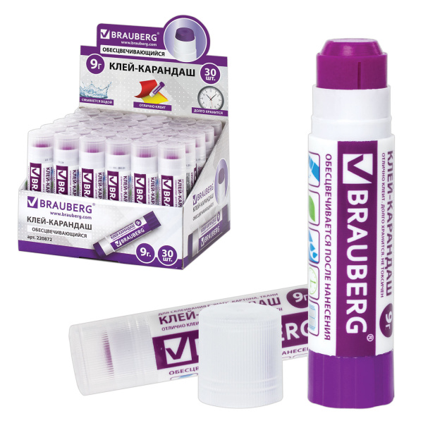 Клей-карандаш BRAUBERG 9 г, обесцвечивающийся после высыхания, 220872