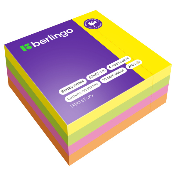 Блок самоклеящийся (стикеры) Berlingo "Ultra Sticky", 50*50мм, 240л., 4 неоновых цвета LSn_40102 270290 - МСК «Форвард»