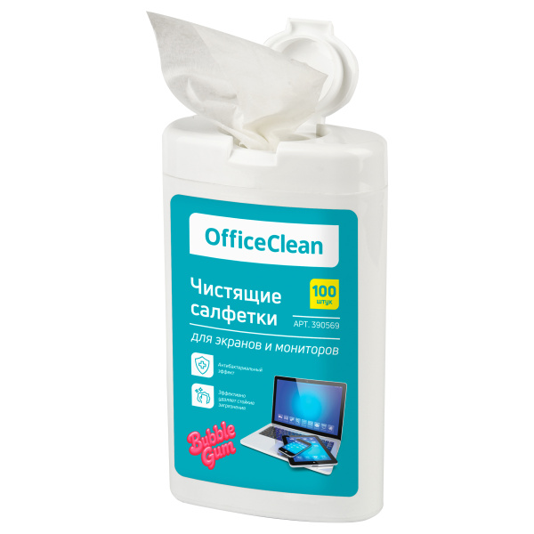 Влажные портативные чистящие салфетки OfficeClean для экранов и мониторов, 100шт. (малая плоская туба), бабл-гам 390569 ЧЕСТНЫЙ ЗНАК! - МСК «Форвард»