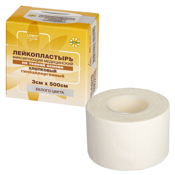 Лейкопластырь рулонный LEIKO 3х500 см тканевая основа, белый, картонная коробка 531228 630268
