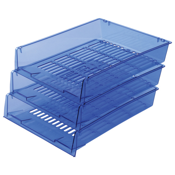 Лотки горизонтальные д/бумаг, КОМПЛЕКТ 3 шт, 340х270х70 мм,тонирован.синий, BRAUBERG"Office",237259