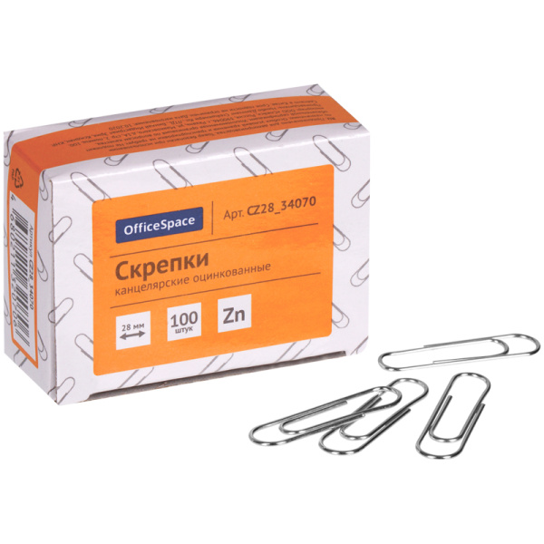 Скрепки 28мм, OfficeSpace, 100шт., оцинкованные, карт. упаковка CZ28_34070 306918